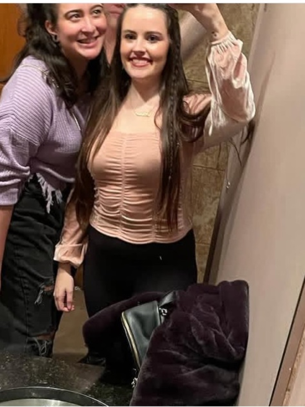 Pink velvet long sleeve top with ruched detailing